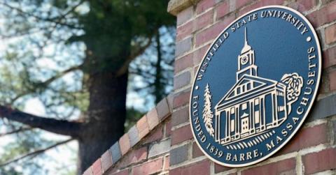 The Westfield State University Seal on the main campus gate