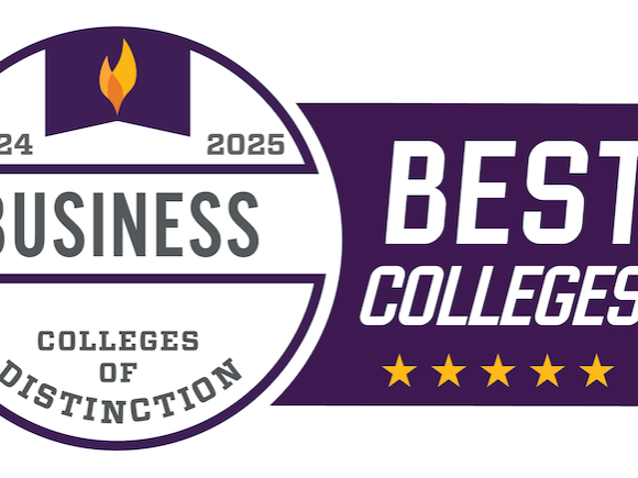 A purple and white graphic that says "Best Colleges 2024-2025, Business Colleges of Distinction