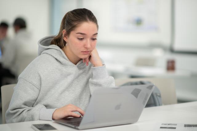 Student on laptop wearing gray hooded sweatshirt with brown ponytail. 