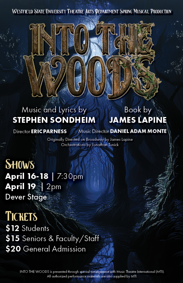 Into the Woods poster with dates and ticket information that is on the website.