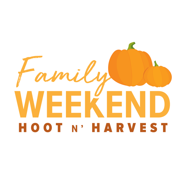 Family Weekend HOOT N' Harvest logo with pumpkin.