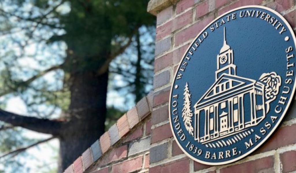 The Westfield State University Seal on the main campus gate