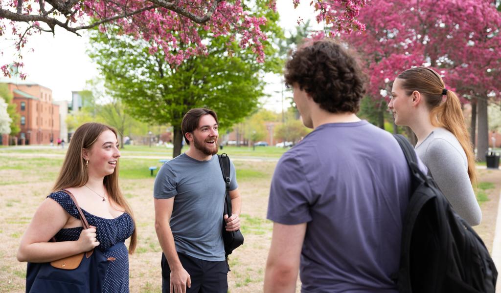 Four students chat together on the campus green.